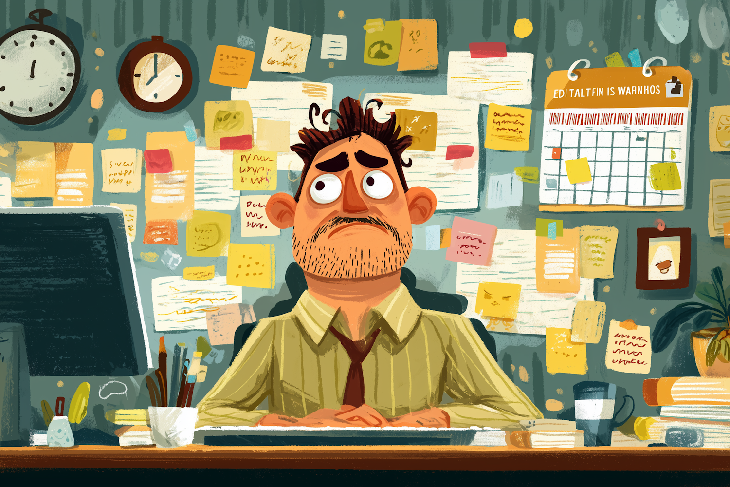 A frustrated product manager sitting at a desk surrounded by chaotic sticky notes, a cluttered calendar, and a computer screen showing delayed timeline warnings; a tense office atmosphere reflecting stress and pressure to meet deadlines.
