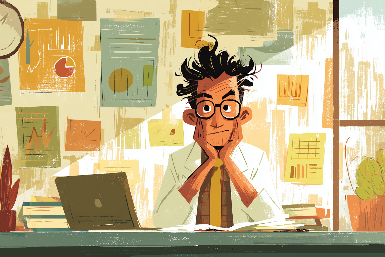Why Pure Strategy Roles Leave Product Managers Feeling Empty A product manager sitting thoughtfully at a desk with a laptop open, surrounded by strategy documents and charts, looking conflicted and contemplative; office environment with a window showing a cityscape, modern and professional atmosphere representing the struggle of moving into pure strategy roles.