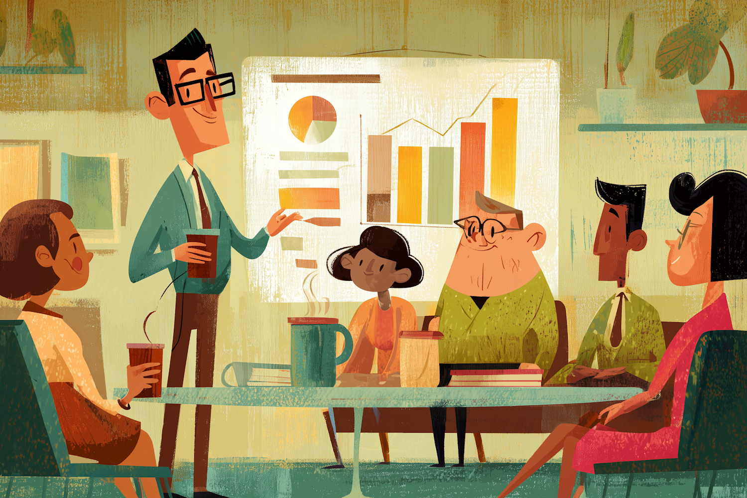 Stop Being Treated Like Expensive Garnish: Prove Your PM Value A strategic business scene showing a product manager diplomatically engaging with middle management; charts and graphs highlight cost savings, risk prevention, and quick wins; the atmosphere is collaborative and optimistic, set in a modern corporate office.. Flat mid-century editorial illustration, warm muted tearoom palette