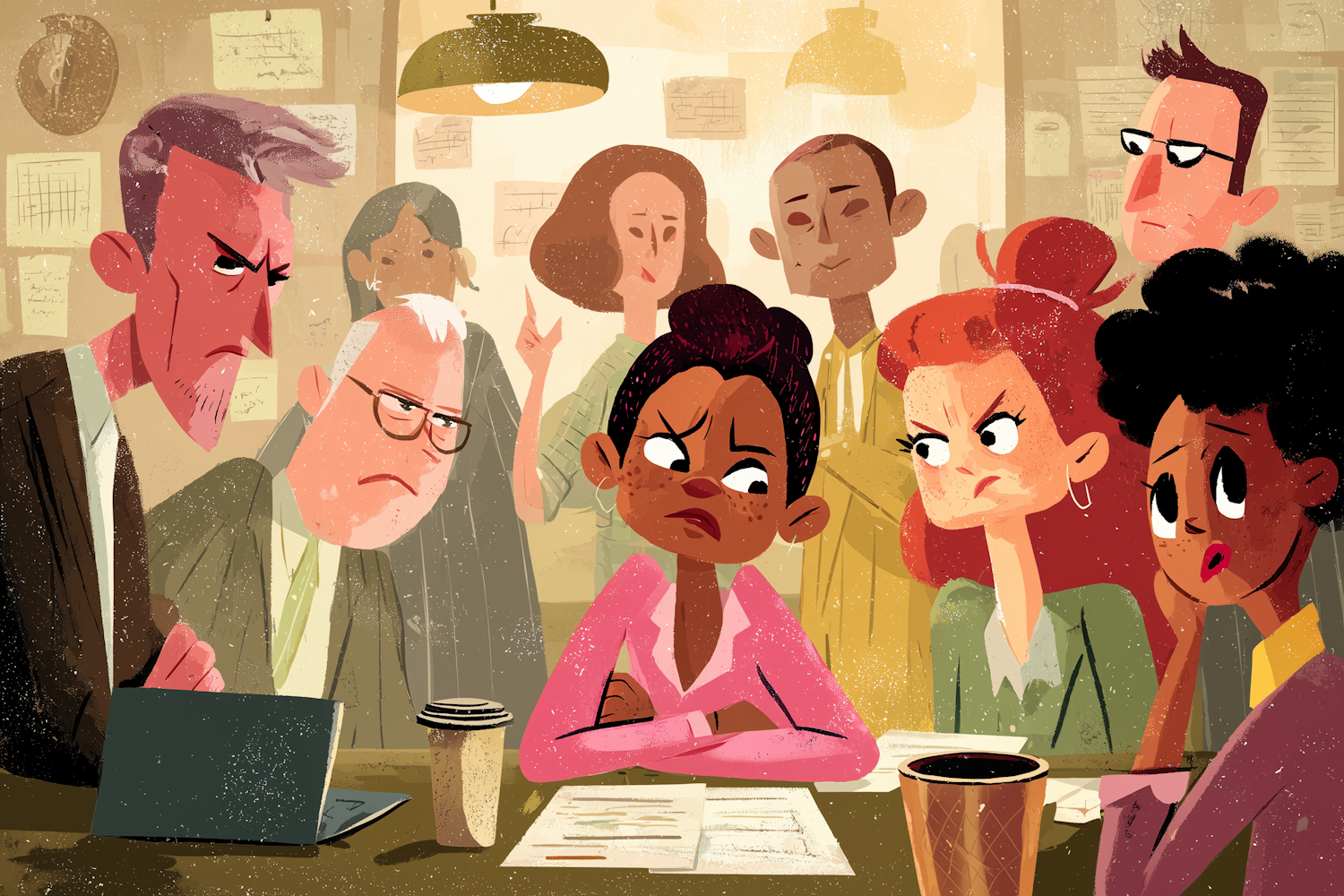 How to Rescue a Failing Team (Without Getting Set Up to Fail) A stressed team leader being handed a broken, barely functional team in a chaotic office environment, with a mix of frustrated and disengaged team members; a symbolic poisoned chalice or a ticking time bomb on the desk to represent the 'poisoned chalice' of taking over a failing team, moody lighting to reflect tension.