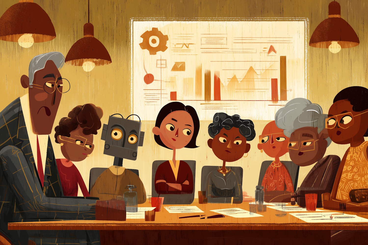 Why 95% of AI Pilots Fail: A Product Manager's Survival Guide an executive boardroom with business leaders and product managers